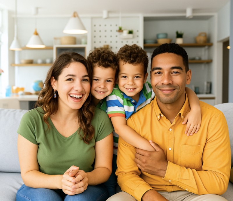 Smiling family at home